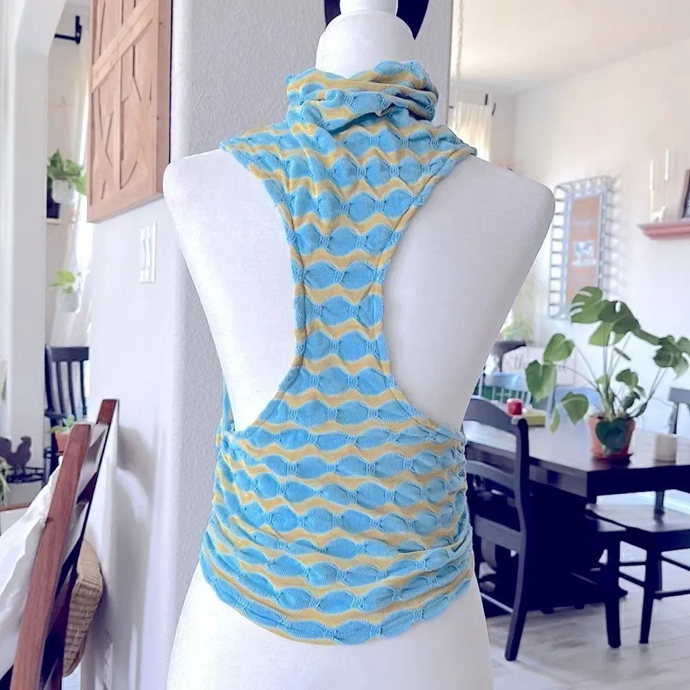 NWOT Free People Mock Neck Sleeveless Wavy Stripes Blue Mustard Tank Racer Back